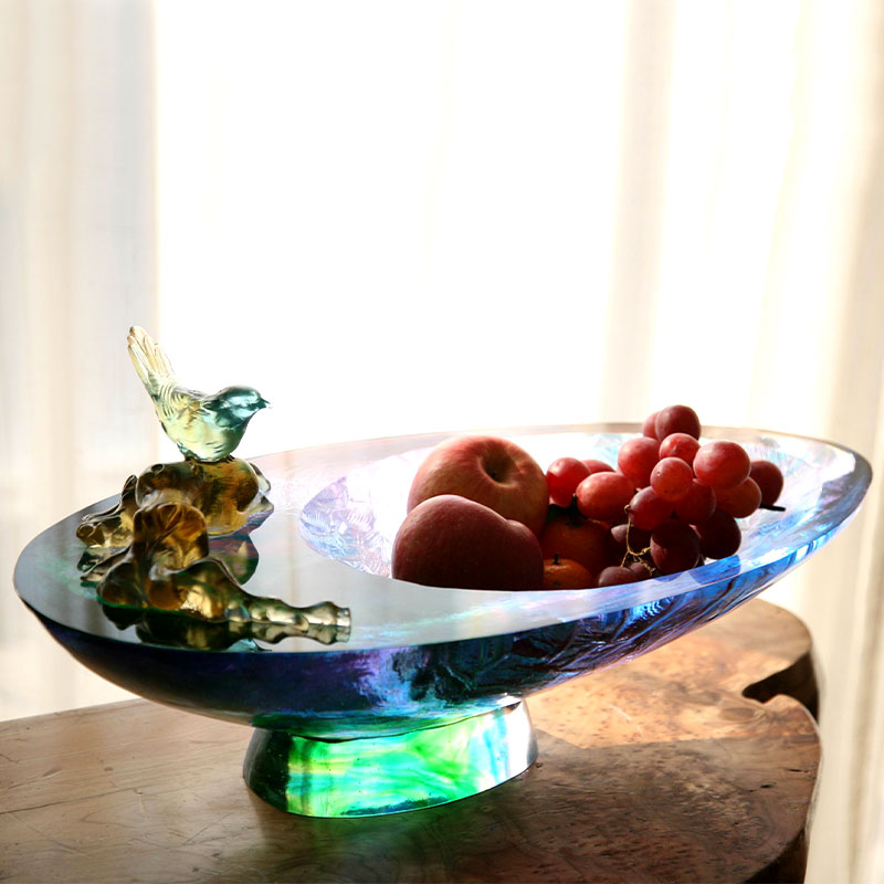 Krystalglas frugtskål med fugledekoration