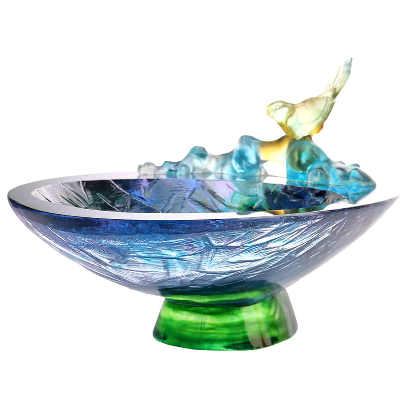 Krystalglas frugtskål med fugledekoration